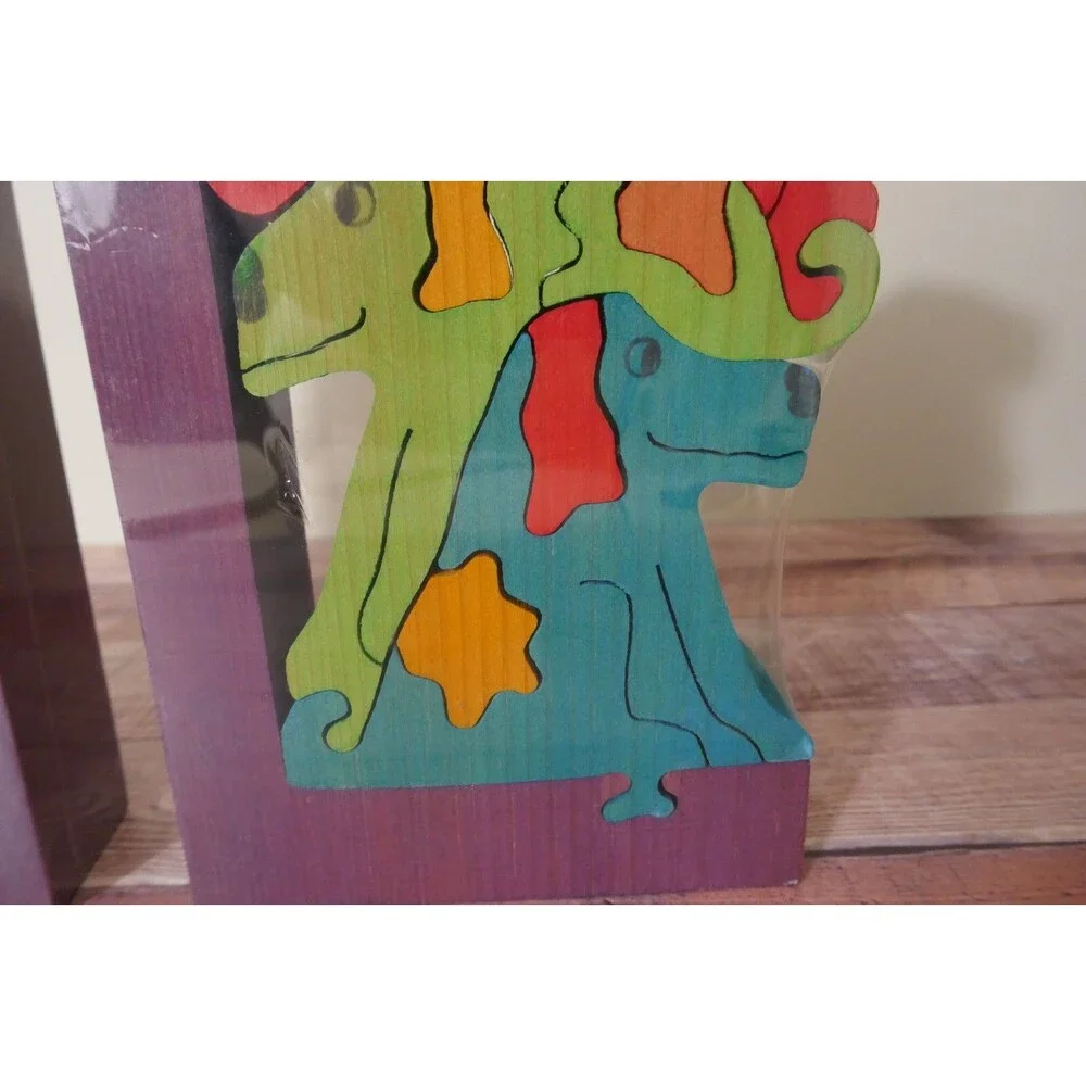 VTG New Wood Dog and Cat Puzzle Hand Made Bookends Nursery Child Room